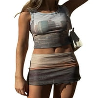 Žene Outfits uzorak Ispis Ribe bez rukava CAMI tenkovi MESH Sheer Mini suknje Srednja odjeća