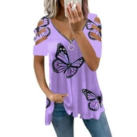 Ženske vrhove Ženska bluza s kratkim rukavima Labavi grafički otisci Summer V-izrez Majice Dark Purple