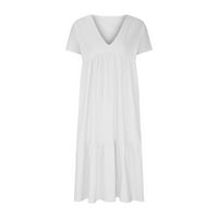 Žene plus veličina modni casual buis V-izrez kratki rukav dugačak haljina, čvrste dresene haljine bijele