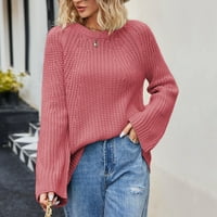 tklpehg džemperi za žene trendy okrugli vrat džemper casual pleteni džemper labav dugi rukav na vrhu pune boje zimskog tople džemper modne pulover džempere crveni m