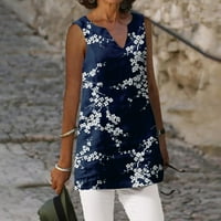 Ljetna rasprodaja Ženska moda V-izrez V-izrez Labavi vintage Print bez rukava Top Majica Tamno plavi XL