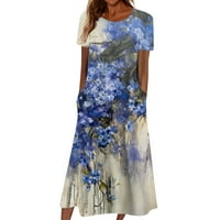 Ljetna ženska duga haljina šareno tiskana haljina s kratkim rukavima s pocke, plavom, m
