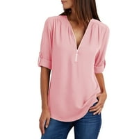 Ženske modne modne, žene, ženske bluze Ljetne majice kratkih rukava Zip Casual Tunic V-izrez za bluzu