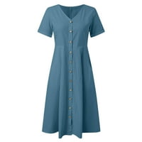Daznico Womens Solid pamučna haljina, ljeto V izrez kratki rukav duge haljine sa džepovima Dugmad Ljetne