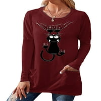 Paille dame majica majica Cat tiskana majica za životinje Tee casual jesenski tunički bluza vino crvena