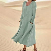 Amousa Dame Fashion Solid Color okrugli vrat džep dugih rukava pamučna posteljina labava haljina ženske