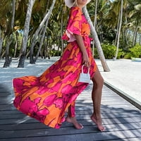 Ženska modna boemska kratkih rukava s kratkim rukavima na plaži - haljina za gležanj Duljina + kaiševi