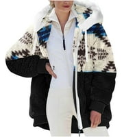 Lannger Winter Jackets kaputi za žene, žene zima topli plus fleesu casual vintage geometrijski stil patentni kardigan kaput s kapuljačom Božićni pokloni za žene