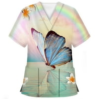 Lyylayray bluza za žene Ženska modna leptira s kratkim rukavima od tiskanih V-izreza Dvostruki džepovi