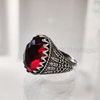 Crveni gornji prsten, srebrni nakit, srebrni prsten, očev dan, Checker Garnet dizajnerski prsten, siječanj