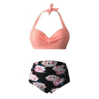 Ženske vintage kupaći kostim dva retro Halter Ruched High Squik Print bikini set Pink XXL
