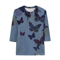 Tking modni ženski rukav za rukav Crw majica Ljetni povremeni leptir tiskani vrhovi za žene Blue XL