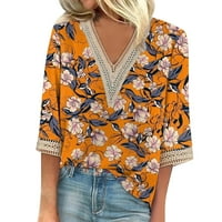 Gotyou ženska ljetna cvjetna guipure čipka majica duboki V rect rukav Ispiši labav tee Top Orange XL