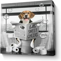 Funny Goldennorina Zidna umjetnost crno-bijeli pas kupaonica Print Farmhouse Kupatilo Životinje Zidni dekor pas sjedeći u wc čitajući list za WC-u