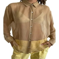GENUISKIDS ženska puška gumba up bluza dugih rukava rever v mreža mreža za izrez Vintage vidi preko