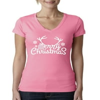 Divlji bobby veseli božićni rogovi božićne žene junior fit v-izrez tine, vruće ružičaste, srednje