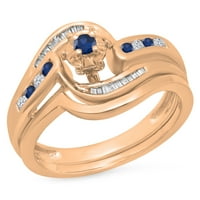0. CARAT 14K Rose Gold Round & Baguette Cut Blue Sapphire & White Diamond Dame Bypass Twisted Style
