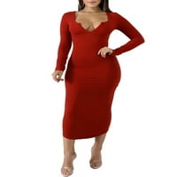 Enjiwell Ženska čvrsta boja Stretch Skinny Bodycon V izrez dugih rukava s dugim rukavima HIP haljina