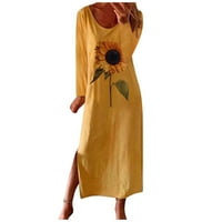 Tiqkatyck haljina s dugim rukavima za žene, ženski povremeni suncokret tisak dugih rukava ruff haljina print boho sandress ženske haljine žute