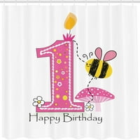 1st rođendanska zavjesa za tuširanje, crtani stil slike s pčelama za zabavu za pčele i ispis svijeće, tkanina od tkanine kupatilo, 72x72, ružičasta crna i žuta
