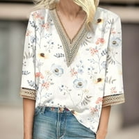 Retro modna ženska majica kratkih rukava majica HOLLO V-izrez cvjetni ispis casual vrhovi Vintage Loose