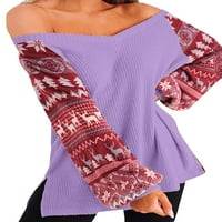 Keeccty Womens Božićni pulover uboda za šivanje tiskanih majica sa dugim rukavima