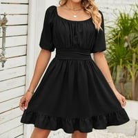 FSQJGQ haljine ženske linije ljeto Čvrsto kvadratni vrat kratki rukav širi čipka za leđa black veličine