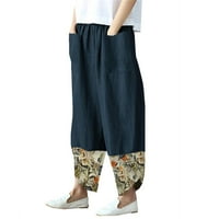 Hlače za žene, povremeni pamuk i posteljina Ispis patchwork neregularne hlače sa širokim nogama mornarice