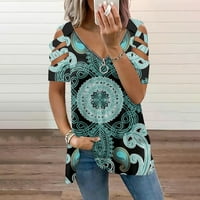 Bazyrey ženska bluza Ženska modna casual labav ispis kratki rukav V-izrez patentni zatvarač s patentnim zatvaračem na vrhu cijan xxxl