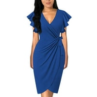 Clearsance Ljetne haljine za žene kratki rukav Omotajte duljinu koljena modna sila V-izrez DRESS BLUE