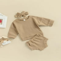 Mialeoley Baby Girl Set za odjeću, puni boje dugih rukava okrugli vrhovi vrata + elastični šorc + trake