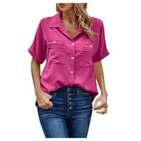 Košulje za žene Ženska modna čvrsta boja kratkih rukava džepna košulja košulja Top Hot Pink m
