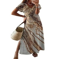 Niveer žene oblače Ljeto Loose V izrez Sundress Dame cvjetni print Boho Maxi haljine kratki rukav Split