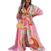 Liacowi ženska haljina ljetni cvijet Ispiši labavi fit v rect gumb High Split dugačka haljina na plaži