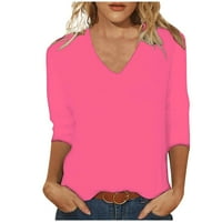 Charella Womens V-izrez Casual Fall košulja vrhovi pune boje labave majice rukava s bluzom vruće ružičaste,