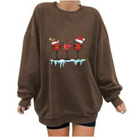 Dahich Women Crveno vino Glass Božićni duks smiješni božićni pulover Santa šešir grafički bluza Thirt Brown XXL