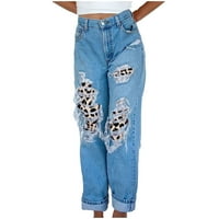 Yinguo Ženski Leopard dugme Visoki struk džepove rupe Jeans Hlače Labavi traper hlače xl