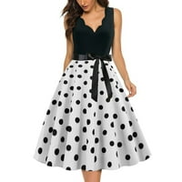 QOLATI 1950S haljine za žene Vintage bez rukava V izrez Polka Dots Print Rockabilly maturalna haljina Elegantna visoka stručna kravata A-line Swing Midi haljina