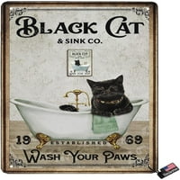 Zidni dekor - Tinnic Sign, Funny Black Cat uzorak - Kupaonica, Vintage Stil - Toalet Koristite, oprati šape, visite ili stajati na stolu - 8 x12