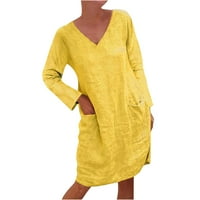 Ženska pamučna posteljina majica haljina s dugim rukavima Solid haljina za jesen V izrez Midi haljine