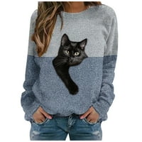 Ženska zimska okrugla vrat Cat Print dugih rukava s dugim rukavima povremeni pulover za bluzu vrhovi