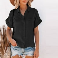 Ženski labav Henley bluza s kratkim rukavima pamučna posteljina pamučna majica s majicama bočni prorezni vrhovi