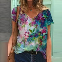 Yyeselk Womens cvjetni tisak majica s kratkim rukavima V bluza za bluzu za vrat Summer 3D grafički grafički