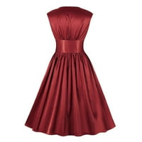 Ženska glatka saten vintage haljina bez rukava V-izrez Solid boja visoki struk retro midi haljina
