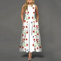 Ženske haljine okrugli dekolte maxi casual a-line cvjetna haljina bez rukava bijela XL