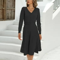 Jesenske haljine za žene dugih rukava V izrez Solid Boja podneska haljina nagnuta elegantna casual radna