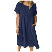 Beeyaso žene okrugli vrat kratkih rukava ljetne haljine za žene džep pamučne posteljine casual labave ženske haljine plave 2xl