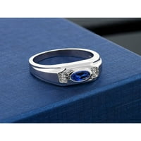 Gem Stone King muške sterling srebrni ovalni plavi safir i bijeli dijamantni prsten