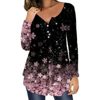 Žene tunike na vrhu casual sprovodne modne majice s dugim rukavima Trendy slatki cvjetni tinejdžeri Henley izlazi bluze za tamne crne xxl