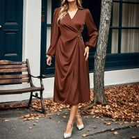 Ženska maxi haljina čvrste boje V-izrez s dugim rukavima za dugih rukava ženska tunika satenska odjeća
